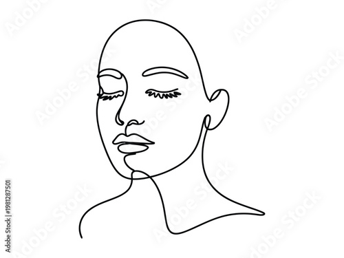 Minimalist line drawing of a womans face with closed eyes and simple features