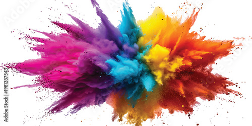 Explosion of colorful powder clouds creating abstract rainbow energy burst. Vibrant explosion of colorful holi paint powder in the air, creating a rainbow effect against a white background.