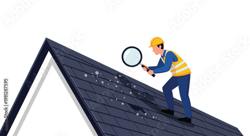 A professional roofer wearing a bright yellow safety vest and hard hat uses a large magnifying glass to inspect dark shingles on a steep residential roof.