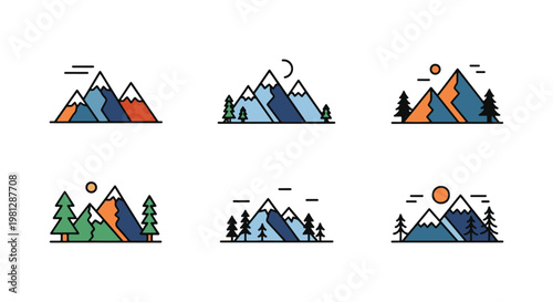 Forest Mountains Line art minimal colorful shapes illustration