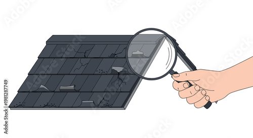 This detailed close-up illustration features a hand holding a magnifying glass over a section of dark roof shingles that show visible cracks and peeling.