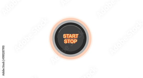 This modern circular black ignition button features vibrant glowing orange text and a soft light halo against a pristine and minimalist white background.