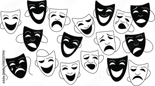 A dramatic collection of black and white theatrical masks depicting diverse emotions and expressions