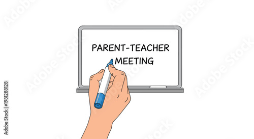 A meticulous hand carefully writes the words parent teacher meeting on a pristine white board using a vibrant blue marker within a bright classroom setting.