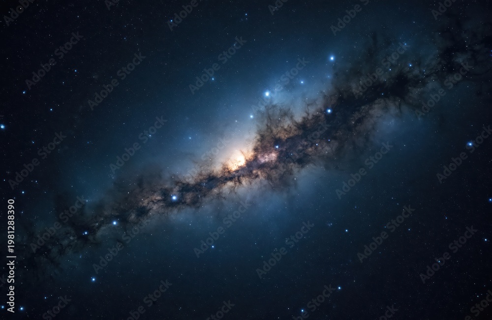 Fototapeta premium Bright Pleiades star cluster with blue nebulae glow in deep space. Celestial bodies and cosmic dust drift in universe. Distant galaxy and starry night sky.