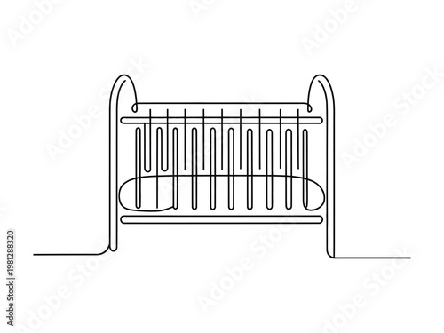 Minimalist single line drawing of a baby crib with a curved top and vertical bars for a safe sleeping space