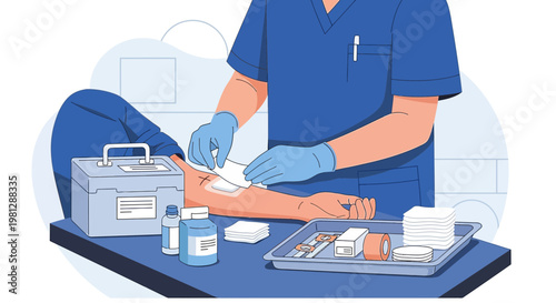 Nurse Applying Bandage to Patient's Arm After Medical Procedure