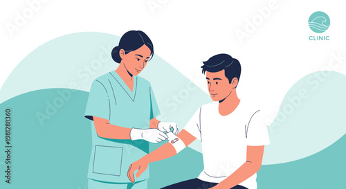 Nurse Applying Bandage to Patient's Arm After Medical Procedure
