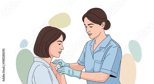 Nurse Applying Bandage to Patient's Arm After Vaccination or Injection
