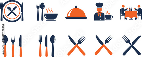 Restaurant dining icon set with plate cutlery chef serving cloche and table symbols isolated flat vector illustration