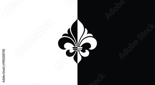 A stark black and white image featuring a symmetrical fleur de lis design centered on the composition