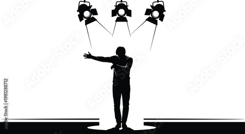 A silhouetted figure stands beneath three spotlights reaching upwards with an outstretched hand in a dramatic scene