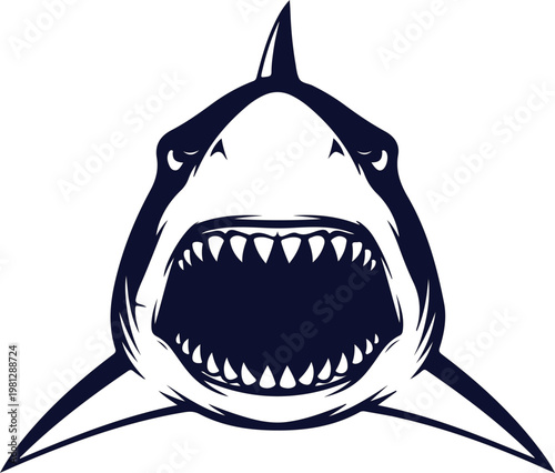 A stylized illustration presents a fearsome shark, showcasing its formidable teeth, embodying raw power and the mystique of the ocean depths.