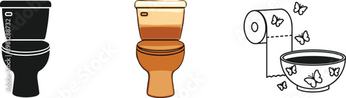 Toilet icon set with clean dirty and messy bathroom scenes isolated flat vector illustration collection design