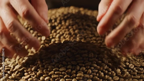 Close-up hands holding fresh green coffee beans in slow motion 4k footage