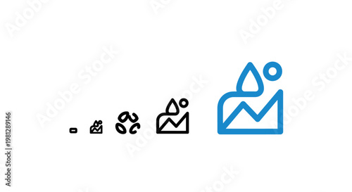 Graphic evolution of water and mountain symbols, starting from dot, ending in a detailed blue icon
