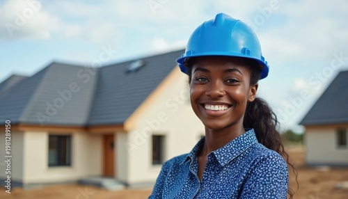 Smiling Black woman architect in blue hard hat stands on new house construction site. She looks at camera with confidence and happiness. New homes are built in background.