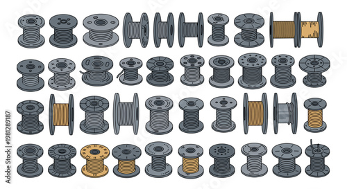 A comprehensive grid layout showcases a diverse collection of industrial spools and bobbins wound with various metallic wires and colorful textile threads.