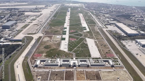 Aerial view of private jets at the airport. Drone footage of planes parked at the airport, Istanbul, Turkey.