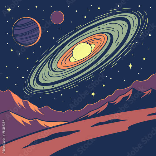 A vibrant pixel art depiction of saturn and its moons in space