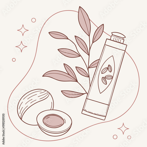 Tube of coconut skincare product with coconut and leaves