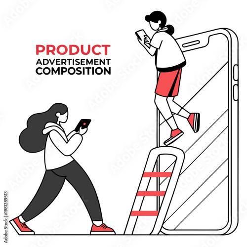 A woman climbing a ladder on a giant phone