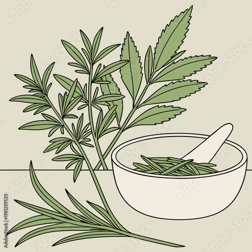 A green plant and a mortar with a pestle