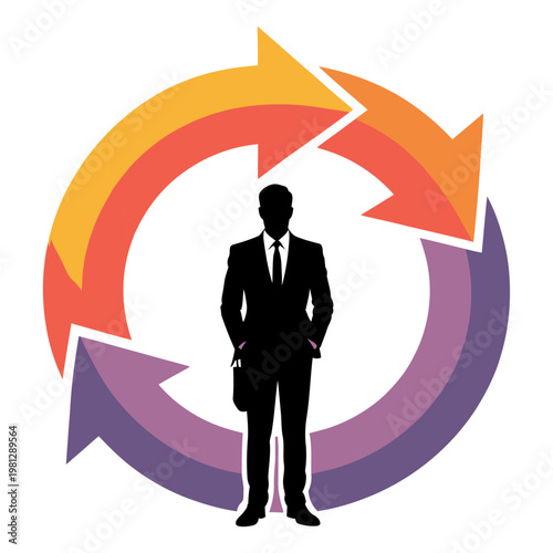 businessman silhouette surrounded by circular arrows vector illustration representing workflow cycle process management leadership strategy business growth and continuous improvement concept