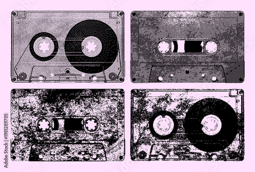A stylized vector pop art set of vintage audio cassette tapes. Nostalgic music design.