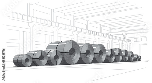 A detailed line art illustration depicts a vast industrial factory floor filled with rows of massive sheet metal coils stretching into the deep distance.