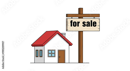 A charming small cottage featuring a grey chimney and red roof sits beside a tall vertical wooden post displaying a rustic for sale sign board nearby.