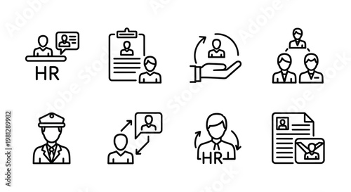 Human resources line icons depicting recruitment management and employee relations