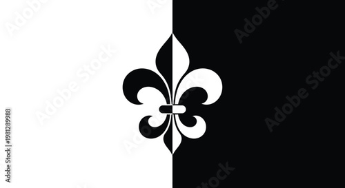 A stark black and white image featuring a fleur de lis design split vertically down the center