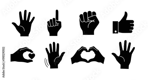 Collection of black silhouette hand gestures displaying various signs