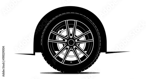 Stylized black and white illustration of a car wheel and tire