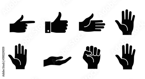 Various hand gestures depicted in a collection of black silhouettes