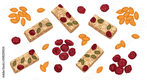 Multiple delicious oat bars are scattered dynamically among piles of orange pumpkin seeds and dark red dried cranberries over a pristine white ground.