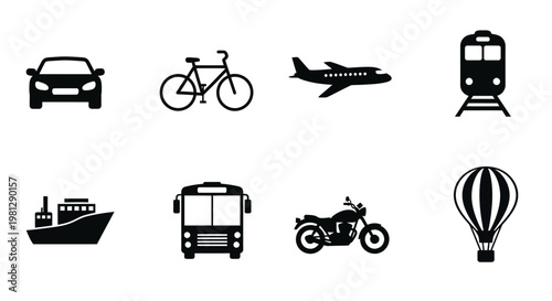 Various modes of transportation depicted as simple black silhouettes