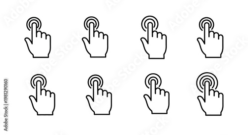 Eight line art illustrations depicting a hand pressing a circular button