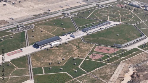 Aerial view of private jets at the airport. Drone footage of planes parked at the airport, Istanbul, Turkey.