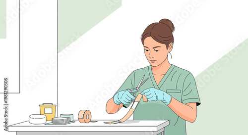 Nurse Applying Bandage to Patient's Arm with Scissors and Medical Tape