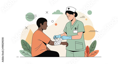 Nurse Applying Bandage to Patient's Arm, Healthcare Concept