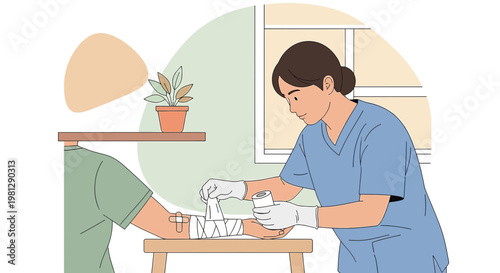 Nurse applying bandage to patient's arm, medical care and recovery concept