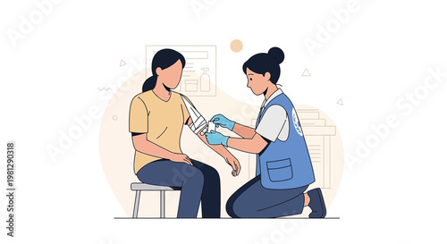 Nurse applying bandage to patient's arm, medical care and first aid illustration