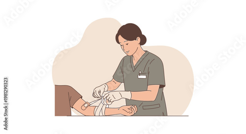 Nurse applying bandage to patient's arm, medical care and treatment concept