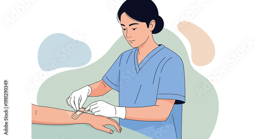 Nurse Applying Bandage to Patient's Arm, Medical Care Illustration