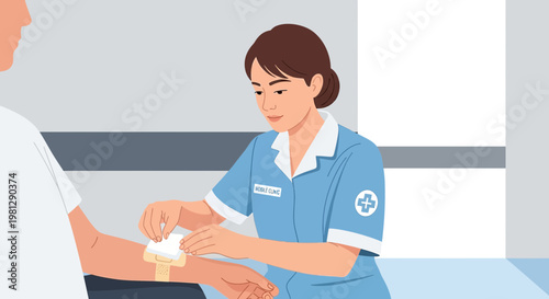 Nurse Applying Bandage to Patient's Arm in Hospital Setting