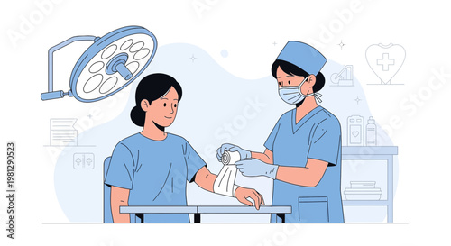 Nurse Applying Bandage to Patient's Arm in Operating Room