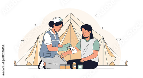 Nurse applying bandage to patient's arm in tent, medical aid, humanitarian assistance