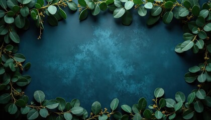 Dark moody frame with green eucalyptus leaves branches on blue textured background. Natural organic border for design projects, cards, invitations.
